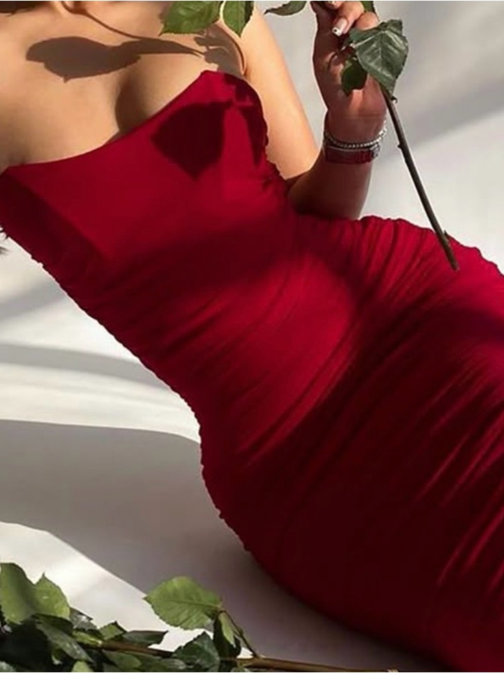 Fashion Nova Strapless Ruched Midi Dress in Red